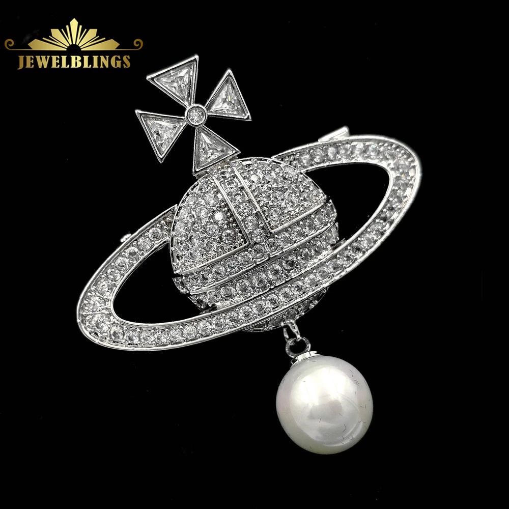 

Modernist Vintage Style Clear CZ Celestial Planet Brooch Silver Tone Imitated Pearl Drop Maltese Cross Deco Saturn Planet Pins