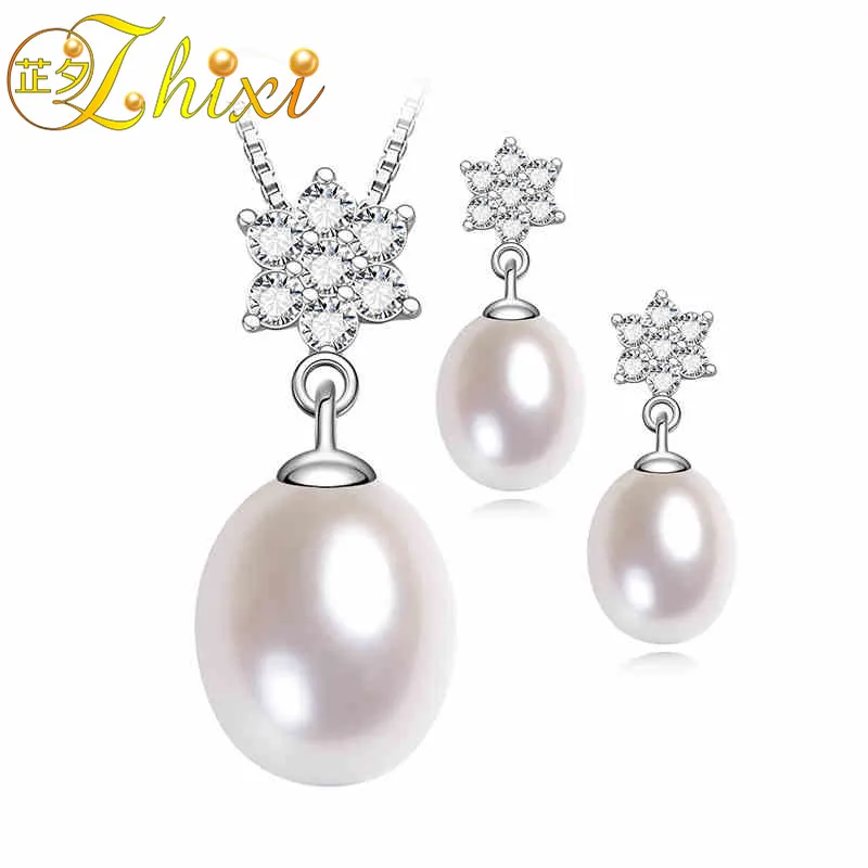 

ZHIXI Pearl Jewelry Sets For Women Fine Jewelry Natural Freshwater Pearl Necklace Pendant Earrings White Wedding Gift SNOW G02