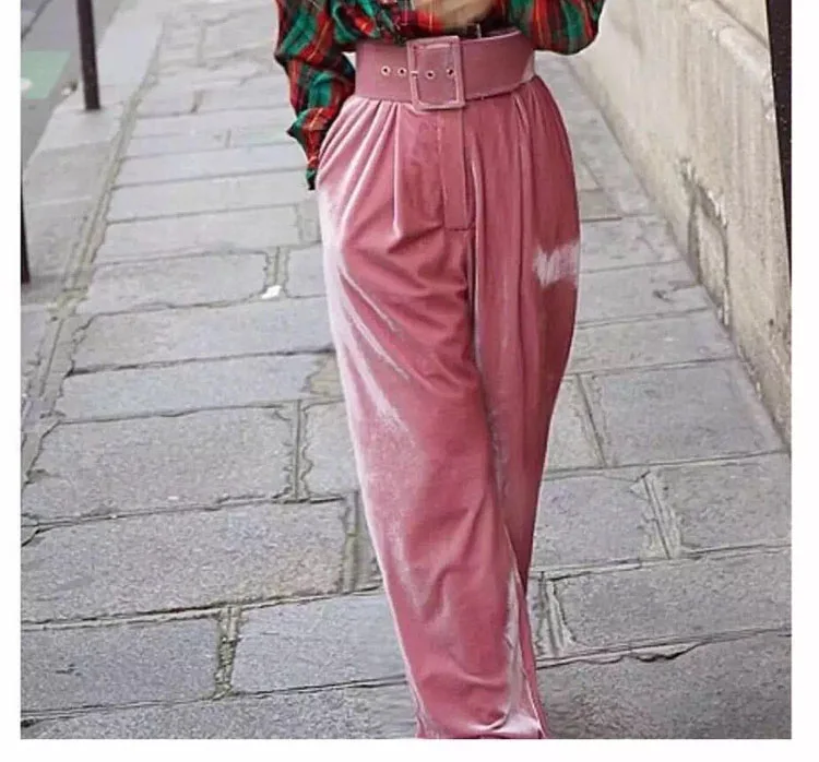 [Chicever] 2017 осень-зима Для женщин бархат Высокая Талия Широкие брюки с поясом женские свободные длинные Мотобрюки Повседневная одежда мода