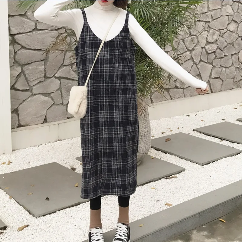 

Spring 2019 Preppy style Girls vest dress plaid woolen braces medium-long straight one-piece dress students,#514-0002