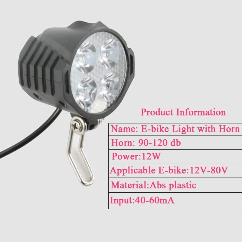 Clearance E-Bike Led Headlight 12V 24V 36V 48V 60V 72V Bicycle Light with Horn Waterproof Front Headlight 2