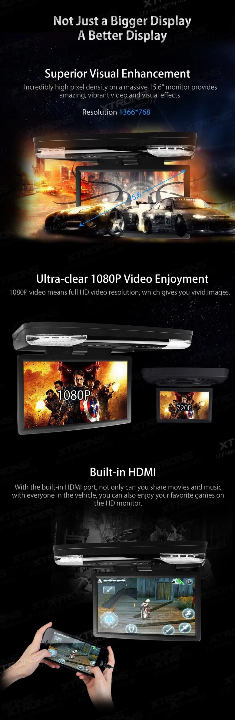 Sale XTRONS HDMI 15.6" HD 1080P LCD Car Roof Mount Flip Down DVD Player Monitor Game Video USB 2