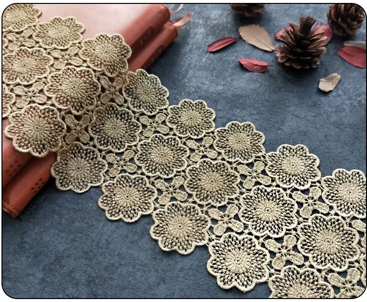 Gold Metallic Water Soluble Embroidery 3D Lace Trim ,Lace Trim Floral