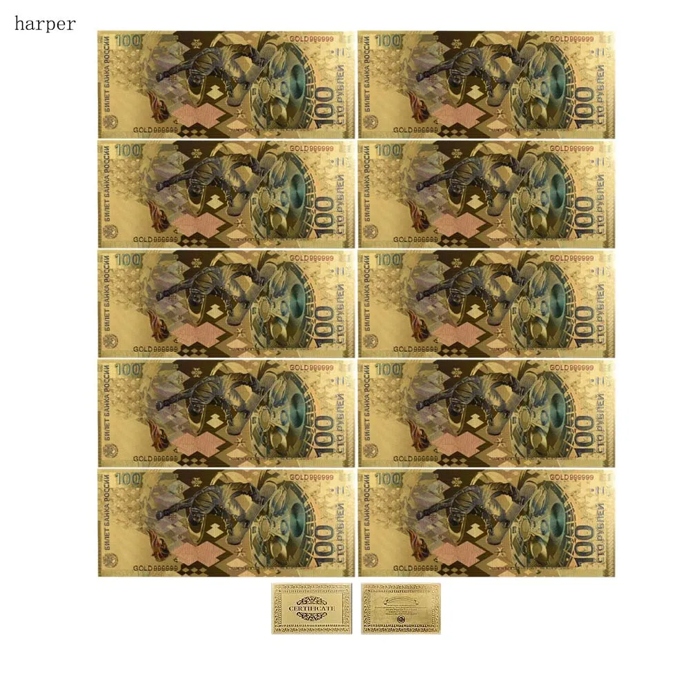 

NICE 10Pcs/Lot Russia SOCHI Gold Banknotes 100 Roubles Bill Bank Note In 24K Gold Plated Fake Money Replica for Collection