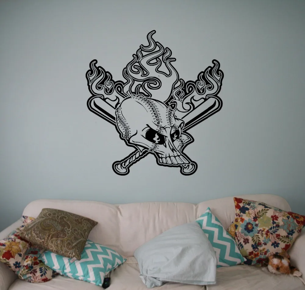 

Hot Sale Burning Baseball Vinyl Decal Skull in Flames Wall Vinyl Sticker Sport Removable Boys Bedrooma Art Decal Mural NY-159