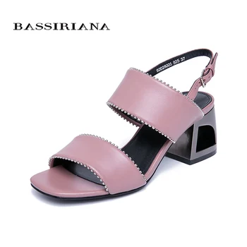

BASSIRIANA 2019 new classic genuine leather shoes woman Summer sandals hoof high Heels back strap buckle black pink 35-41 size