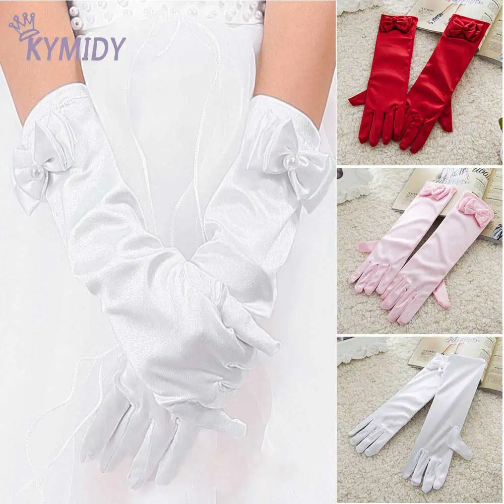 Long Style Kids Dress Gloves for Girls Princess Party Performance Flowers Girl Bow Gloves and