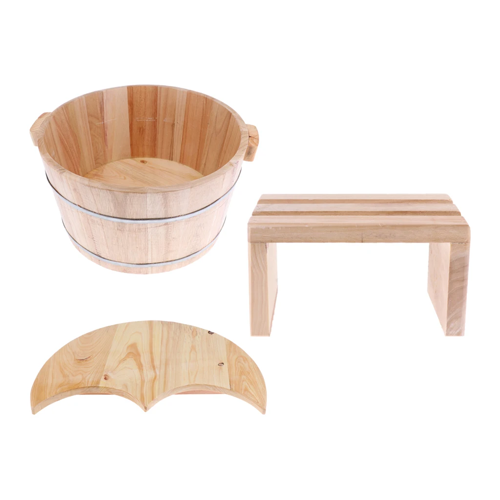 Wood Foot Basin Tub Foot Soaking Bucket with Lid & Stool for Foot Bath Spa