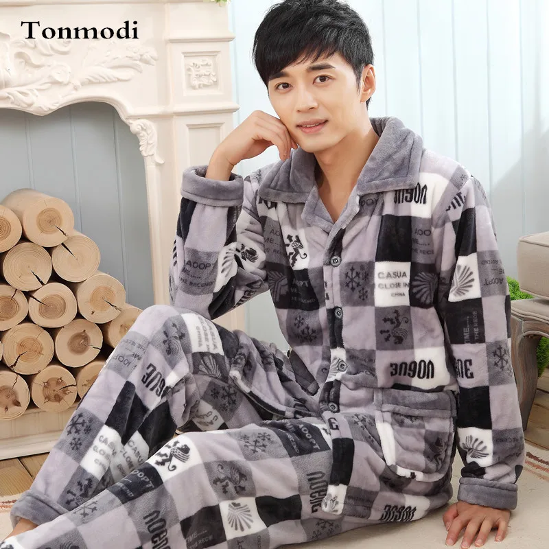 New Luxurious Men Pajamas Winter Thickening Flannel Men Pyjamas Warm