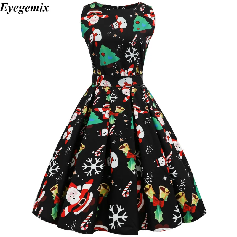 

Vintage Autumn Winter Dresses Christmas Party Dress Women Retro Hepburn Style 2019 O-neck Sleeveless Swing Party Dresses Female