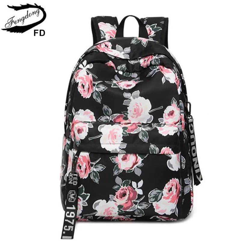 FengDong women black vintage flower backpack floral print school bags for girls bagpack back bag female travel laptop backpack FengDong women black vintage flower backpack floral print school bags for girls bagpack back bag female travel laptop backpack