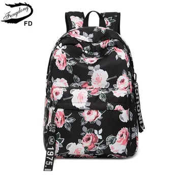 

FengDong women black vintage flower backpack floral print school bags for girls bagpack back bag female travel laptop backpack