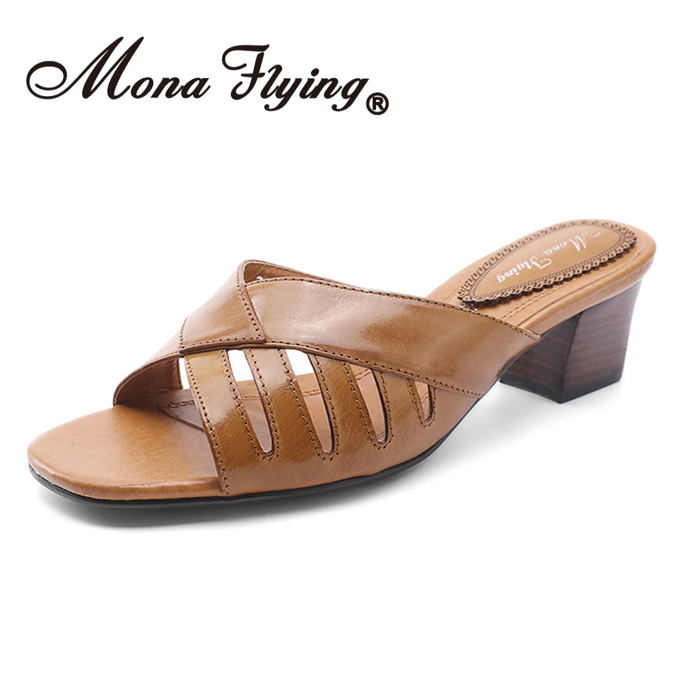 

Mona Flying Women's Genuine Leather Block Heel Sandals Casual Summer High Heel Open Toe Slide Sandals Slippers for Women 319-22
