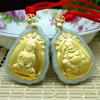 

3D gold inlaid natural jade Guanyin Buddha pendant e91#
