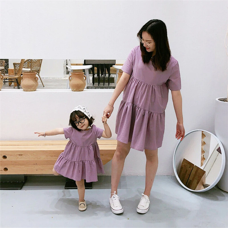 Mutter Und Tochter Kleider mama und mich familie passenden kleidung Eltern-Kind Frauen Kinder Baby Mädchen Nette Plain Kleid elegante