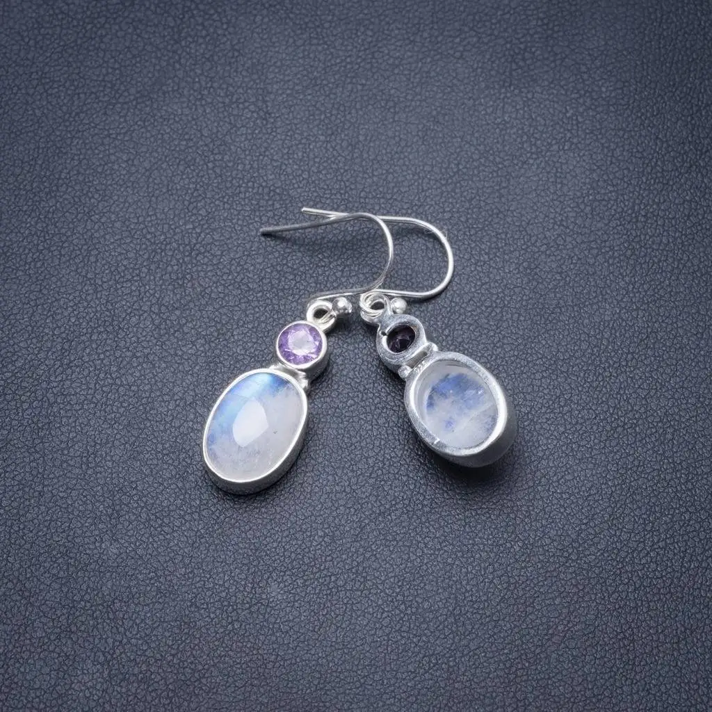 

Natural Moonstone and Amethyst Handmade Unique 925 Sterling Silver Earrings 1.25" Y3847