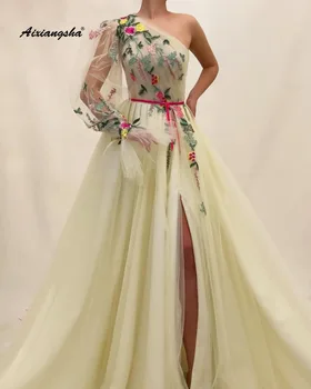 

Light Green Muslim Evening Dress Tulle A-Line One Shoulder Full Sleeve Special Formal Long Evening Dresses De Soiree