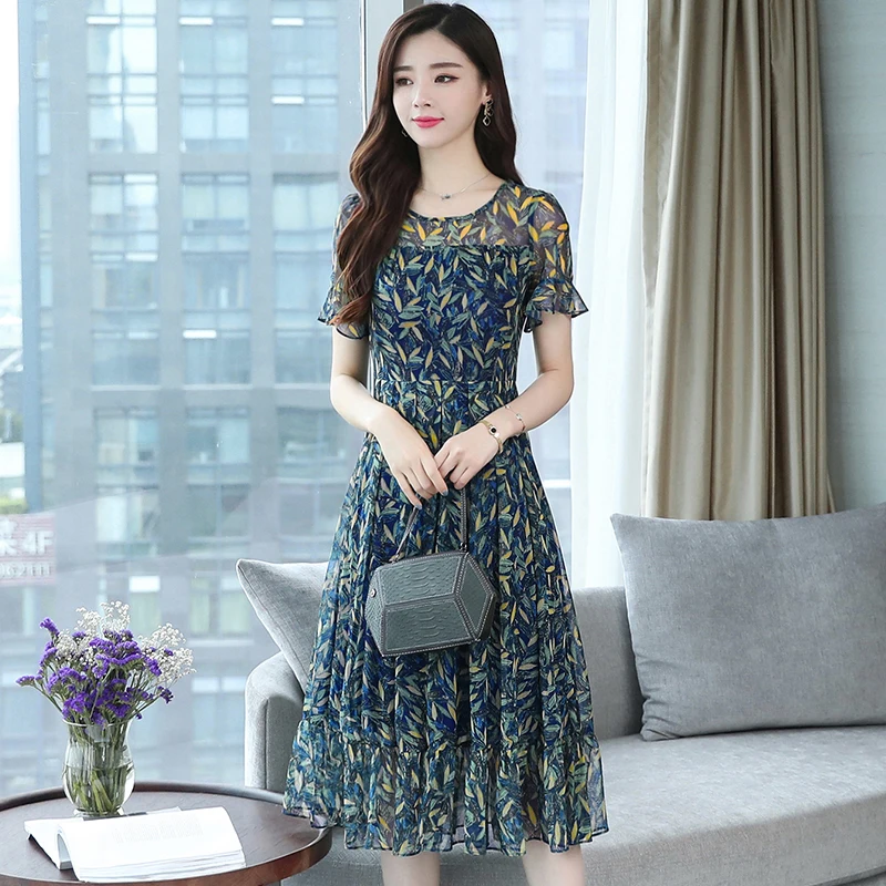 Leaves Print Ruffle Party Summer Mesh Midi Women Dress Long Plus Size Lady Vintage Elegant Short Sleeve Runway Vestido De Fiesta