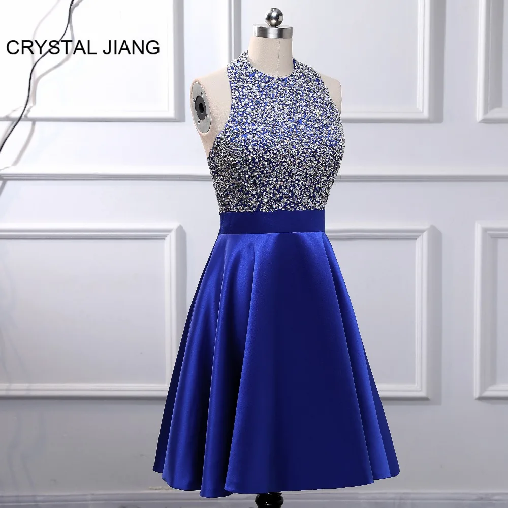 Hot Sale Cocktail Party Dress Robe cocktail Halter Heavy Beading Royal Blue Satin Sexy Open Back Short Mini Cocktail Dress