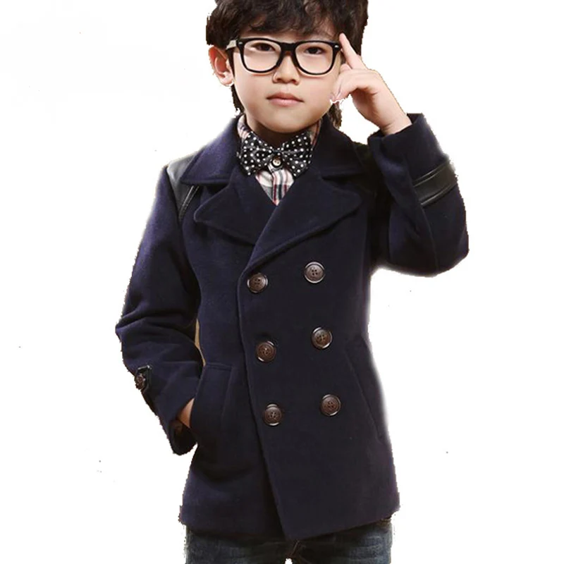 High quality Double Breasted Kids Boys Wool Coat British Style PU Patch
