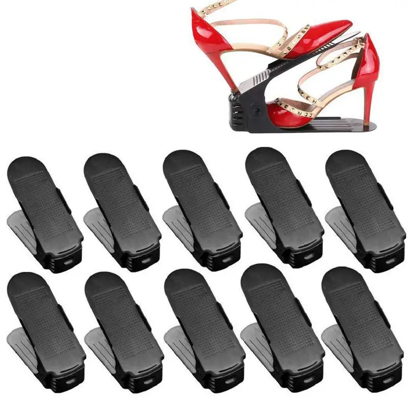 

Lot 10 Adjustable Shoe Holder Stack Shoes Organizer Space Saver Shoes Plastic Rack Holder Black