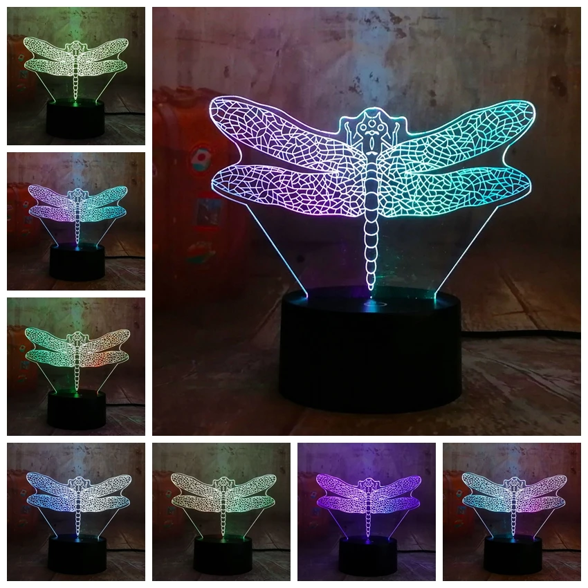 Novelty insect Dragonfly RGB 7 Dual Colors Mixed LED 3D Night Light Birthday Gift Desk Lamp Toys ...