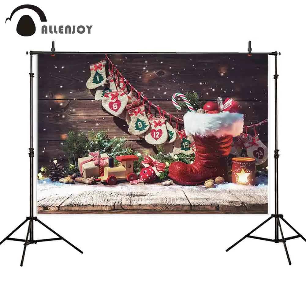 

Allenjoy Christmas photography background wood sock gift snow glitter backdrop for photo family photophone photocall decoration