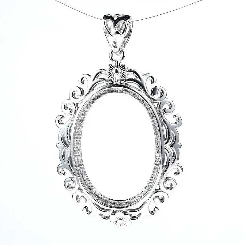 

Filigree Flower Semi Mount 925 Sterling Silver Pendant for 18x26mm Oval Cabochon Gemstone Fine Jewelry Setting
