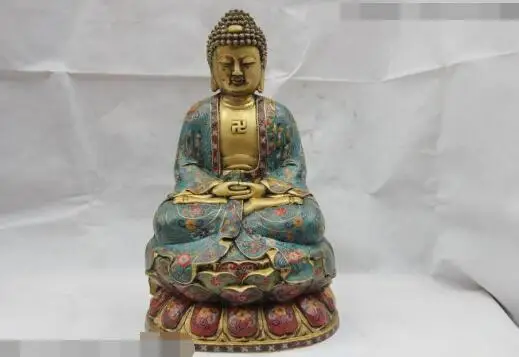 

S03018 Chinese monastery Bronze Copper Cloisonne Tathagata Amitabha RuLai Buddha Statue (B0328)