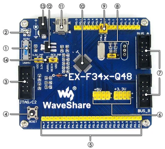 Waveshare EX-F34x-Q48 Стандартный C8051F макетная плата для C8051F34x серии микроконтроллеров