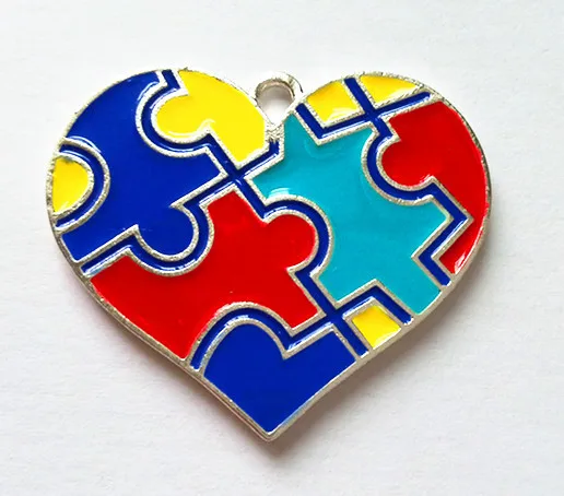 

40x34mm10pcs/lot Zinc alloy Autism Asperger Color heart shape Puzzle Piece Awareness enamel Pendants for Autism Jigsaw Necklace