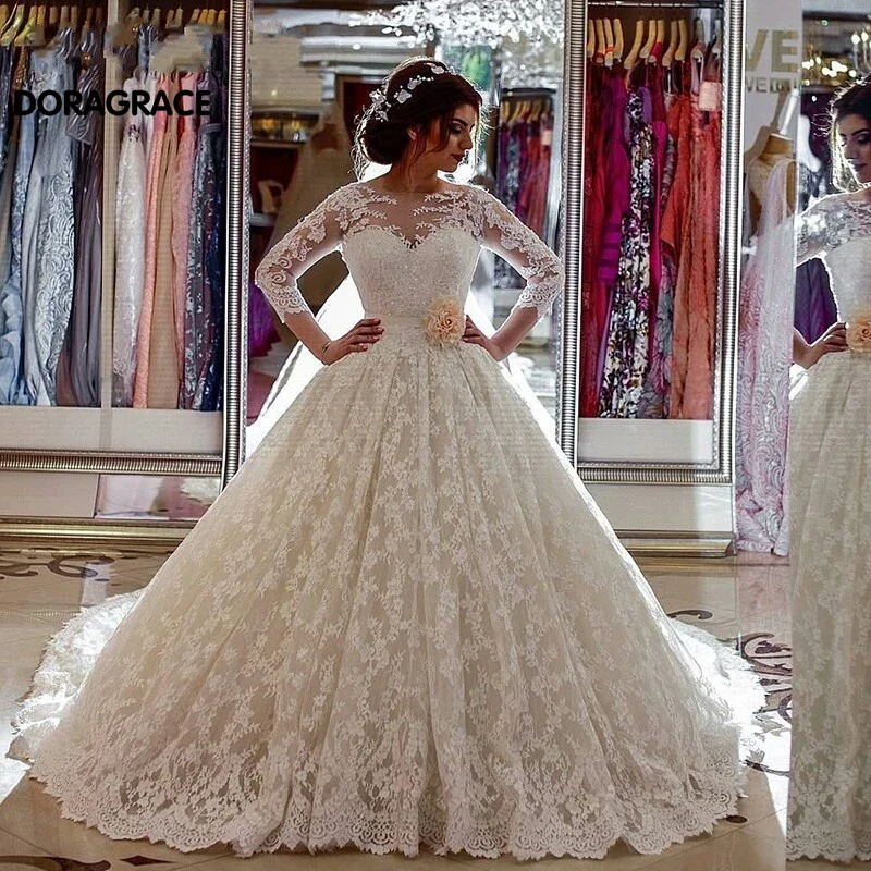 

Custom Made Romantic A Line Applique Lace Wedding Gowns 3/4 Sleeveless Wedding Dresses vestido de noiva DG0023