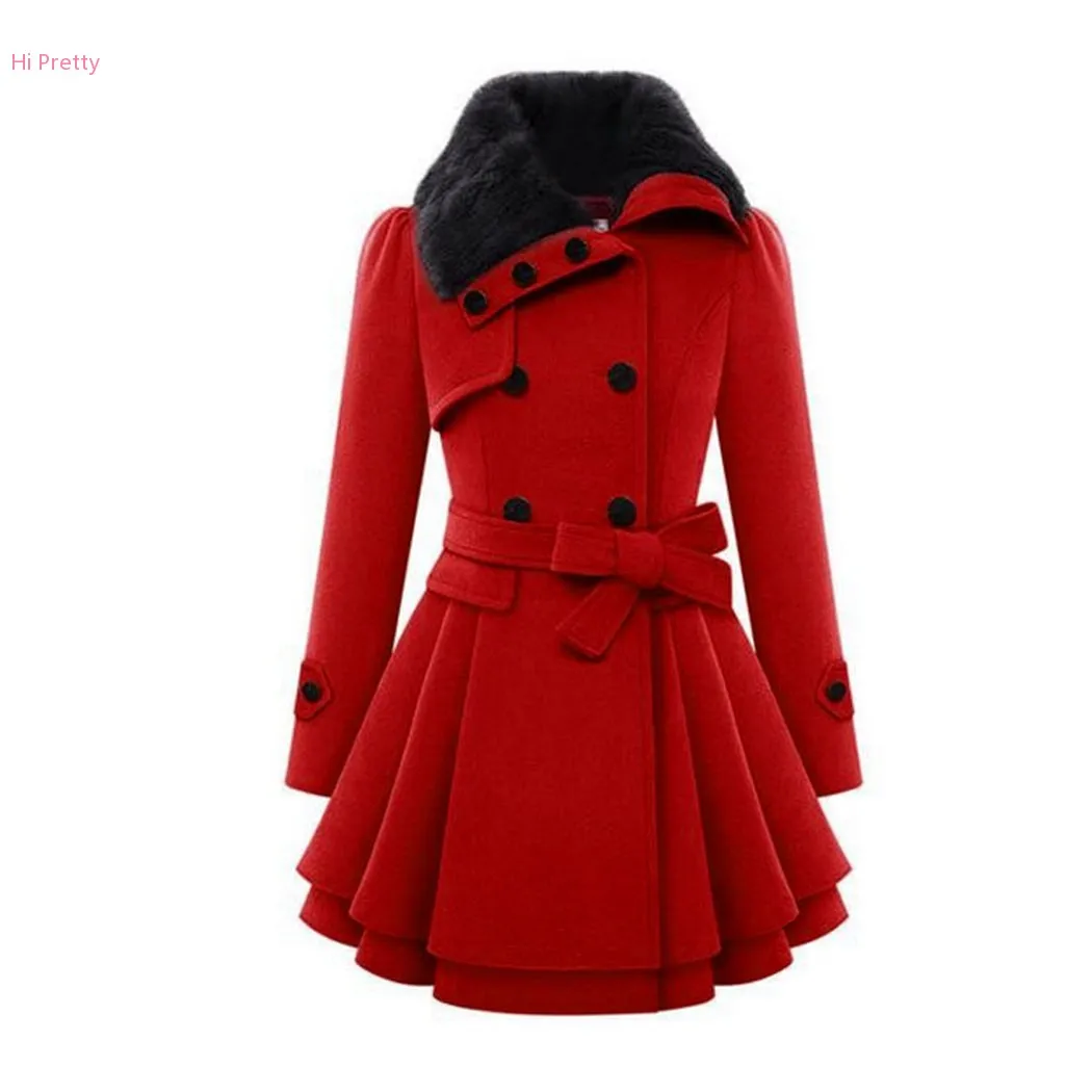 Winter Lady Women Thick Wool Coat Faux Fur Collar Trench Double