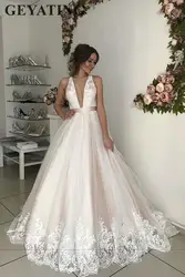 Пикантные глубокий v-образный вырез спинки Свадебные платья 2019 элегантный А-силуэт шнуровая аппликация на тюле принцесса свадебные платья