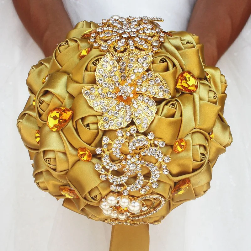 Золото со стразами для невесты украшения для букета невесты шелковые цветы Свадебные букеты Свадебные цветы Кристаллы Свадебные украшения