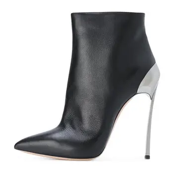 

Moraima Snc Autumn Winter Fashion Boots Woman Thin Heels Pointed Toe Ankle Boots Black Silver Leather Riding boots