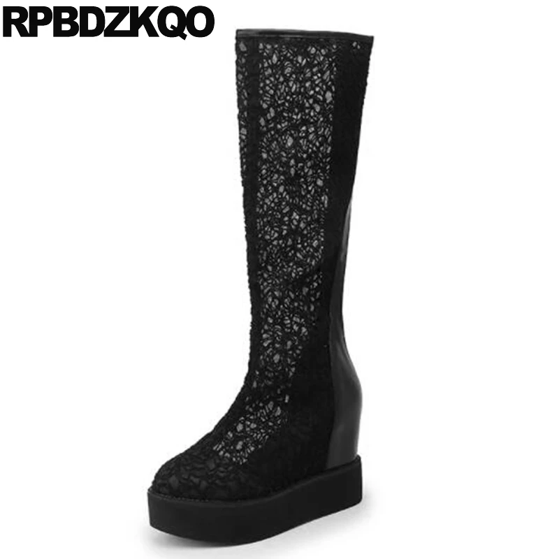 

Women Boots Platform Shoes Height Increasing Knee High Round Toe Black Fetish Lace Mesh Extreme Heel Wedge Fashion Muffin Female