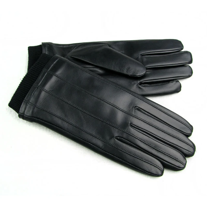 Men's Genuine Leather Gloves Fashion Black Sheepskin Gloves Autumn Winter Warm Plush Lined Male Driving Mittens XC-109