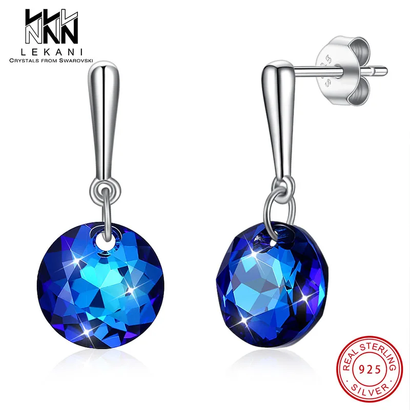 Круглые синие кристаллы Swarovski женские серьги элегантные серебро 925 пробы