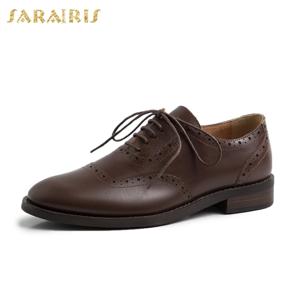 

Sarairis Luxury Brand Genuine Leather Brogue Shoes Woman Flats Female Retro Vintage British Style Shoelaces Women Shoes Footwear