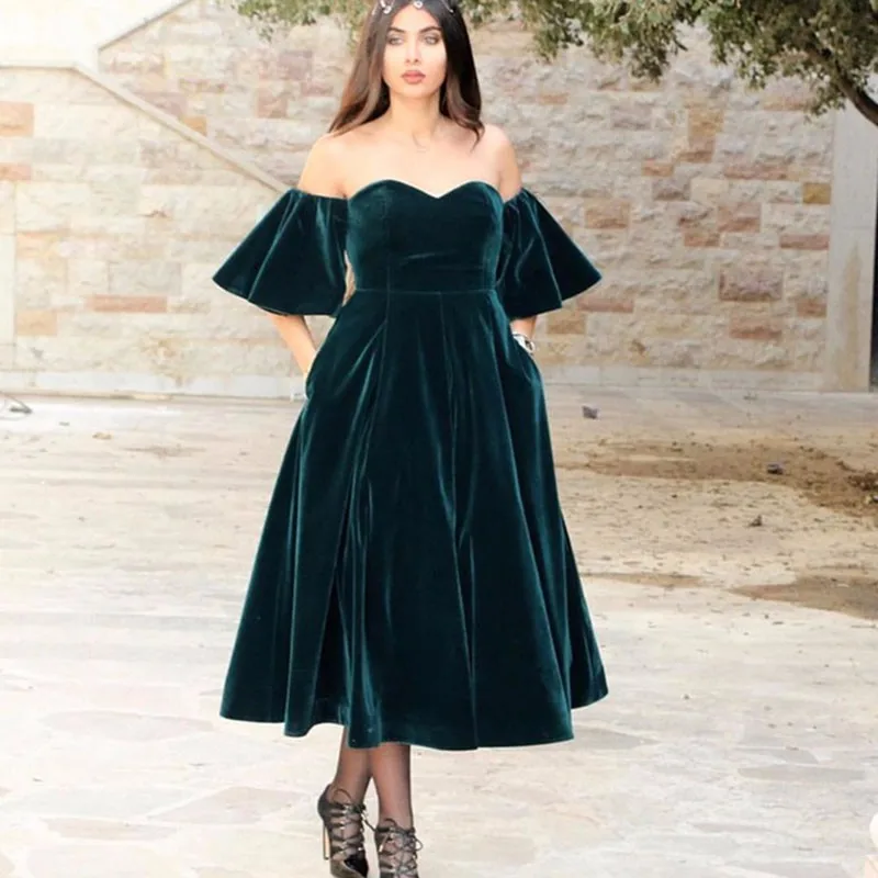 Arabic Hunter Green Velvet Tea Length Cocktail Dresses 2017 Off the