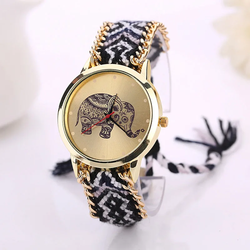 Женские часы с рисунком слона, циферблат, плетеная веревка, браслет, кварцевые наручные часы zegarek damski montre femme reloj mujer - Цвет: A