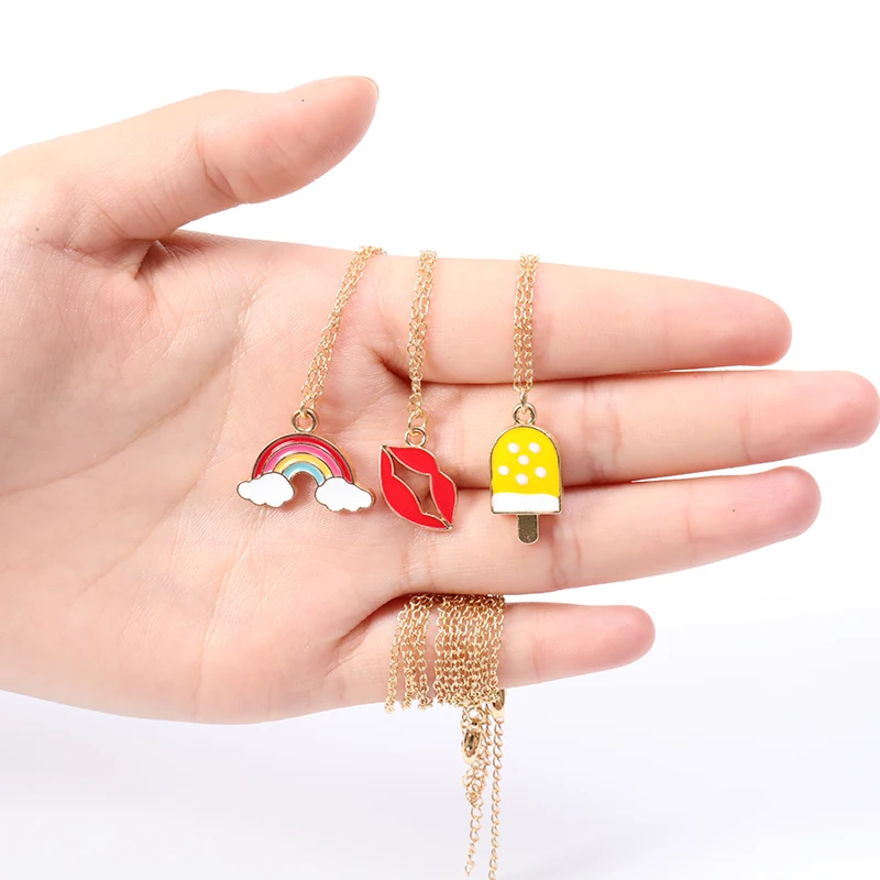 

Enamel Colorful Rainbow Bridge Cloud Necklace Cartoon Enamel Ice Cream Popsicle Necklace Red Color Lip kiss mouth Chain jewelry