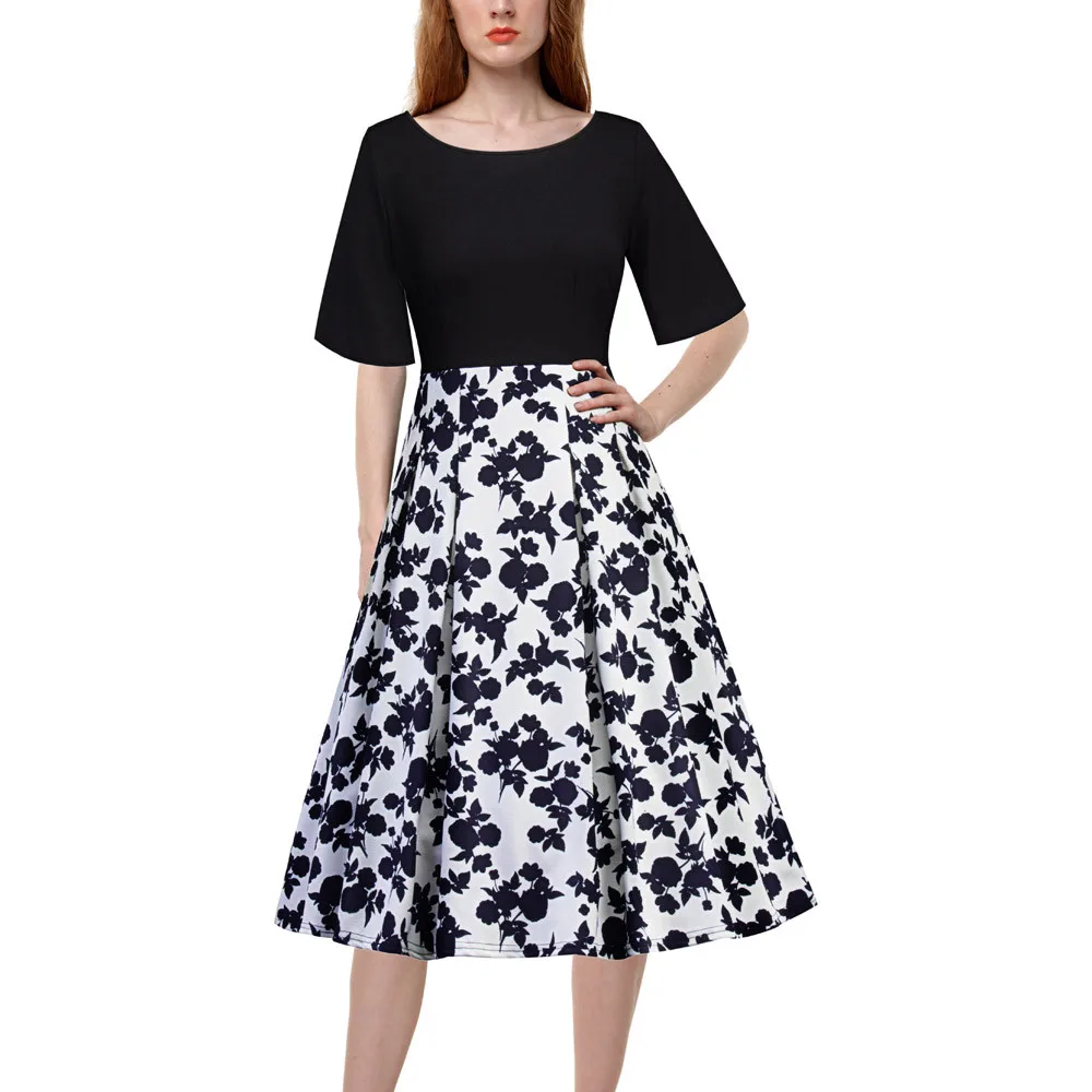 USPS Women's Vintage Floral Printed Patchwork Half Sleeve Casual Evening Party Dress summer 