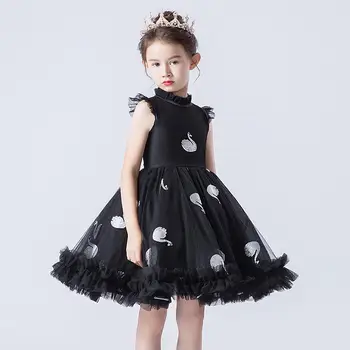 

Flower Girls Black Dress for Kids Ball Gown Swan Embroidery Wedding Dresses Princess Birthday Dress 2019 Children Runway Dress