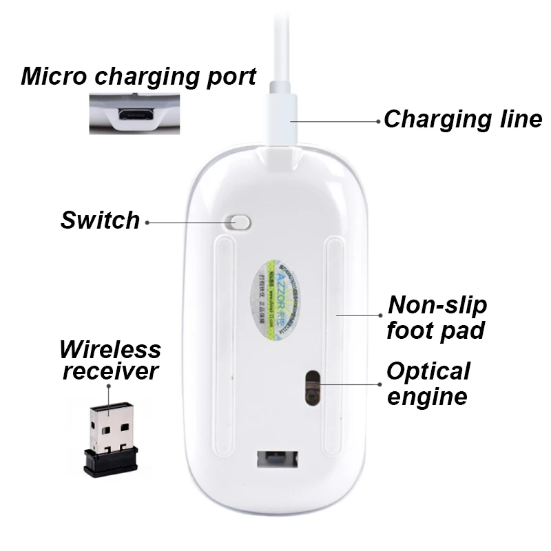 AZZOR N5 Rechargeable Wireless Mouse Silent Mute USB Optical Mouse 2.4GHz Super Slim Mouse Mice for Computer PC Tablet