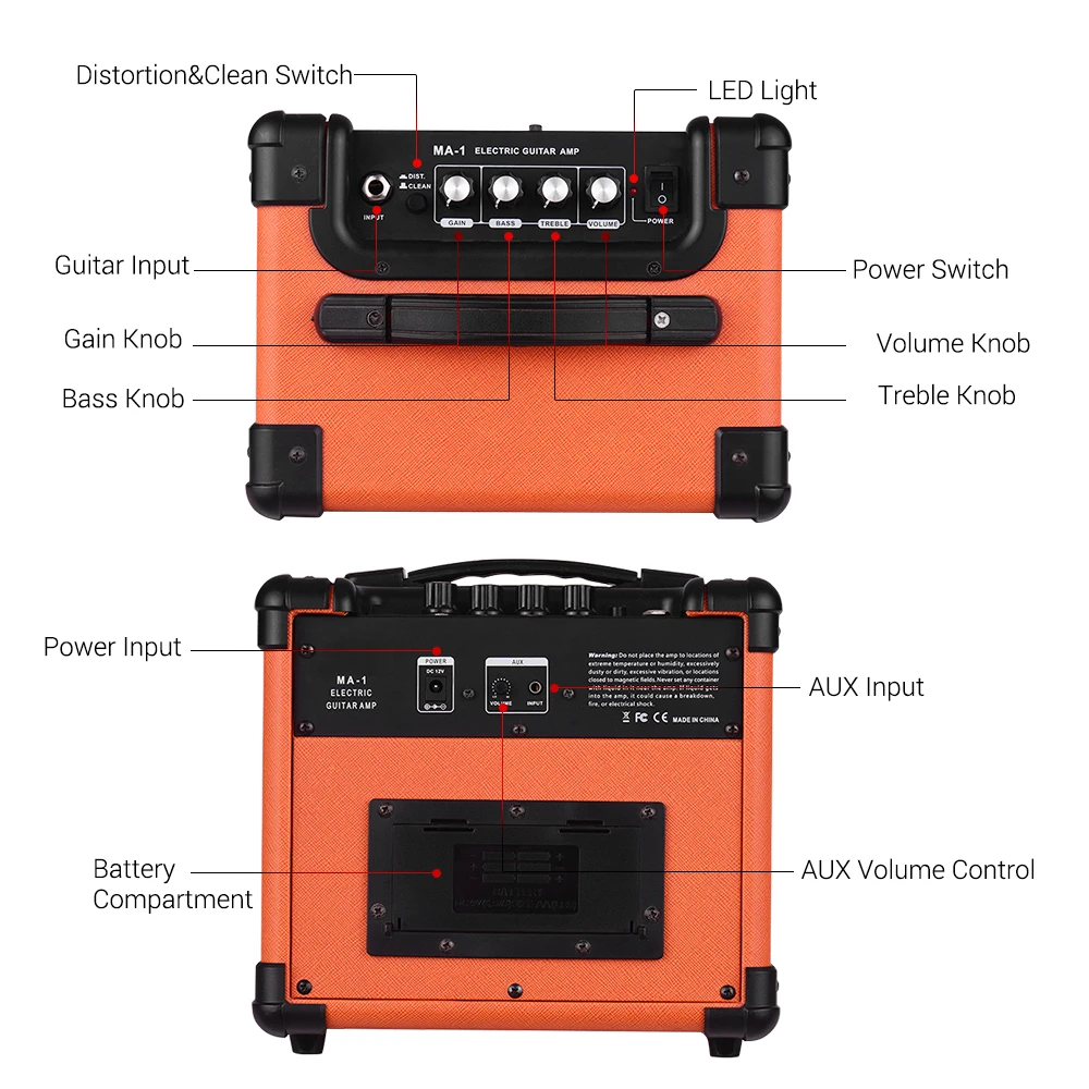 IDEEAUDIO MA-1 10 Вт портативный Настольный усилитель для электрогитары с двумя регулируемыми каналами комбо-усилитель оранжевый