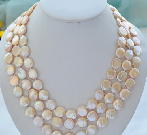 

HOT 001958 3row 14mm pink coin Freshwater cultured pearl necklace
