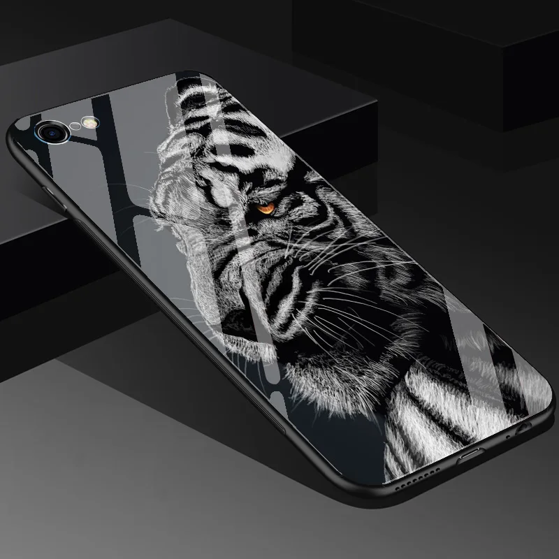 Премиум Корпус из закаленного стекла для iPhone 6 i6 6S + 7 i7 8 i8 Plus X ix тигра печати