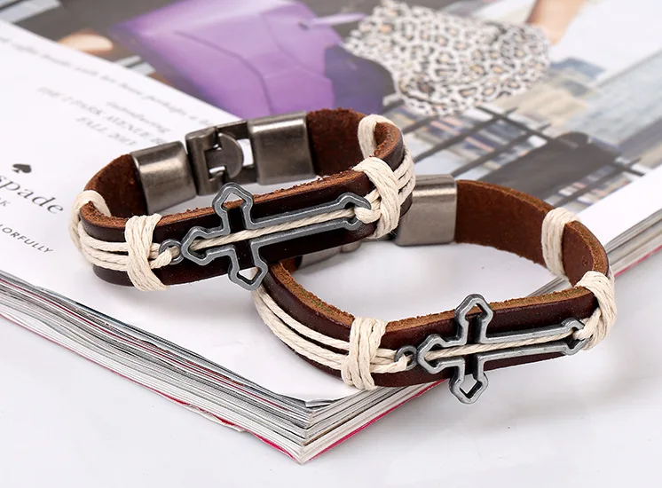 Religious Couple Bracelets Hollow Cross Charm Man Woman Bangles Pulseira Handmade Easy-hook Genuine Leather Wristband Ornament